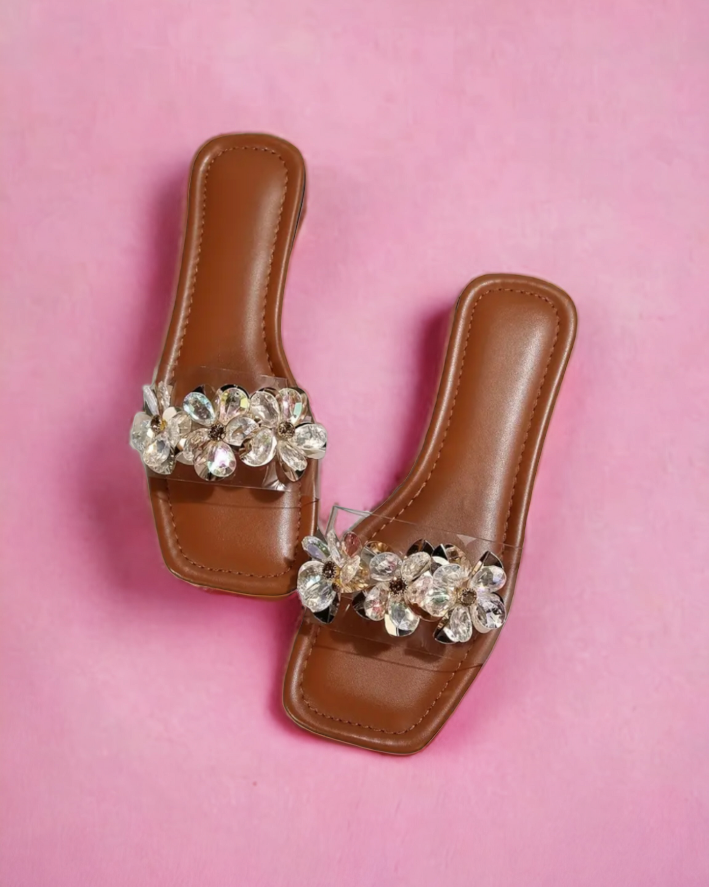 Women, Rhinestone Décor Open Toe Slide Sandals Flat Slippers
