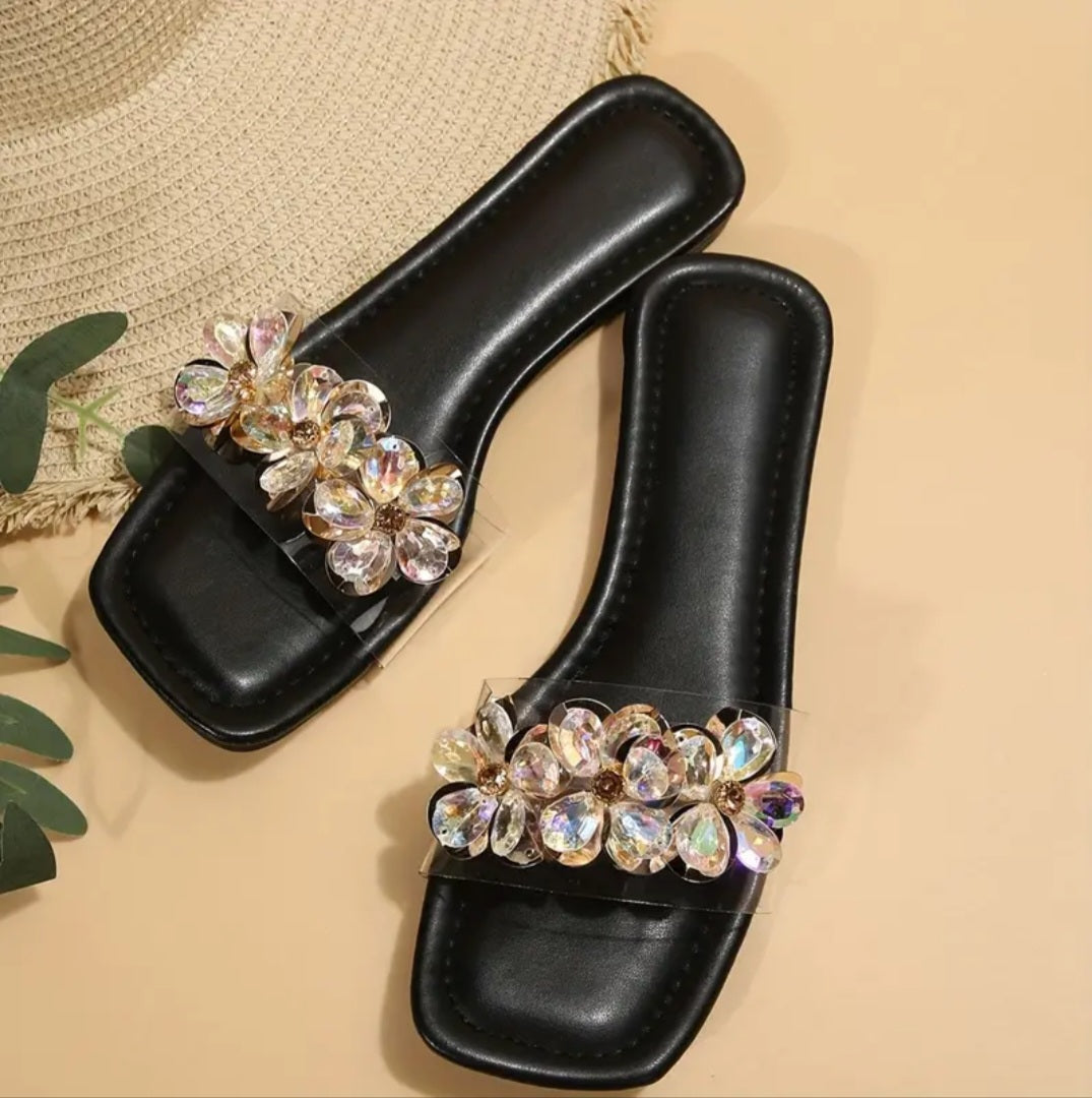 Women, Rhinestone Décor Open Toe Slide Sandals Flat Slippers